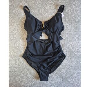 B2PRITY Womens Black Ruffle Cutout One Piece Swimsuit Tummy Control Size L